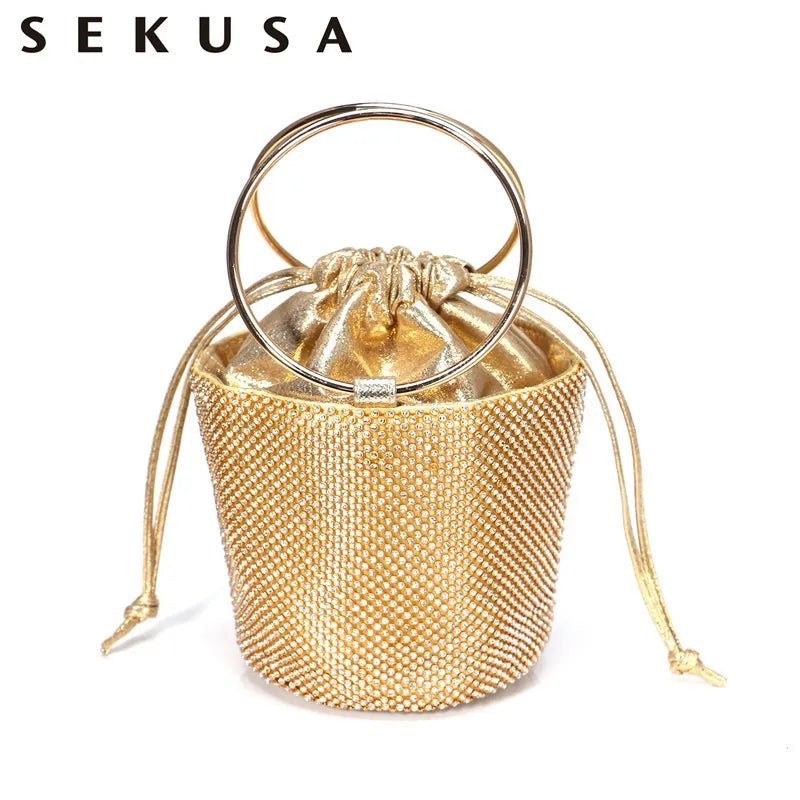 SEKUSA new design women evening bags rhinestones bucket ladies clutch purse ladies handbags