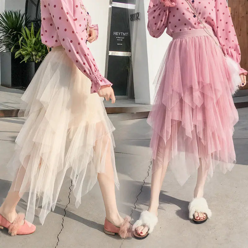 Spring and Summer Mesh Long Skirt Irregular Yarn Skirt Woman Skirts Mujer Faldas Saias Mulher