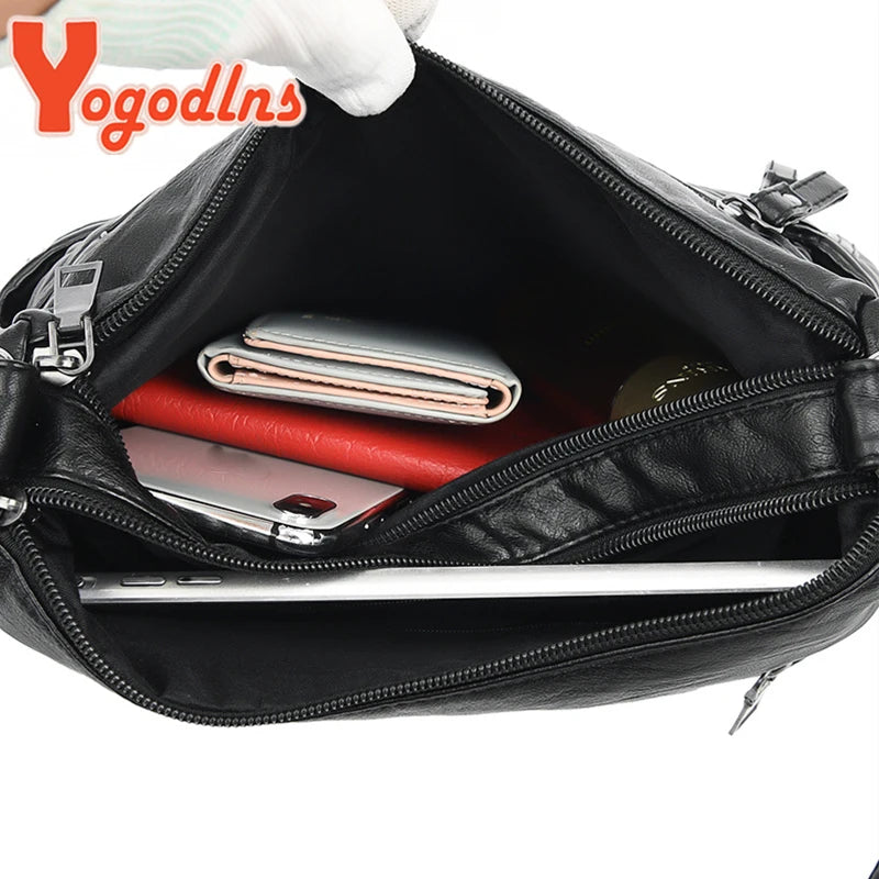 Yogodlns Vintage Shoulder Women's Bag Washed PU Leather Crossbody Bag Multifunction Messenger Bag Large Capacity Lady Handbag