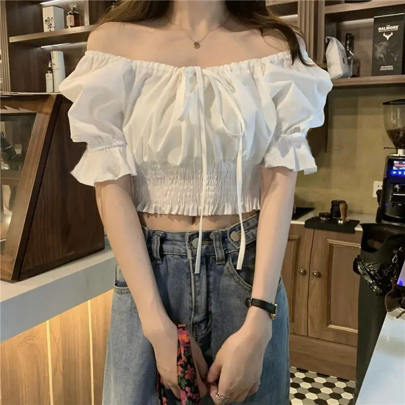 Summer Sweet Slim Folds Blouses Women Square Collar Puff Sleeve Sexy Gentle Crop Tops Simple Girls Lace-up Blusas Mujer Trendy