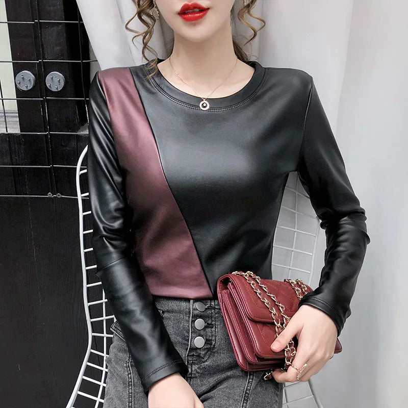 Winter Women's Blouse Leather Tops for Women Patchwork Oversize 4XL PU Leather Shirt Women Elastic Warm Velvet Top Women Shirts