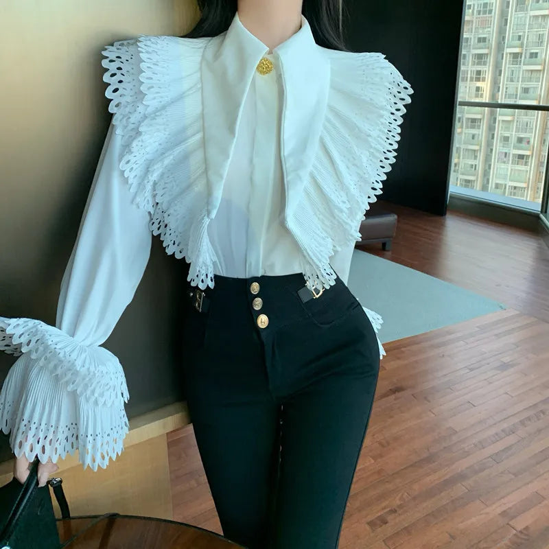 New Fashion Spring Fall White Black Chic Ruffles Lapel Women Blouse Slim Flare Sleeve Female Gold Button Casual Shirt Tops