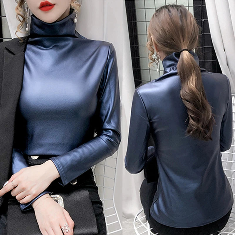 Winter Big Size Women Blouse Autumn Turtleneck Long Sleeve Pullover Shirt Tops Ladies Velvet Stretch Camisas PU Leather Blouses