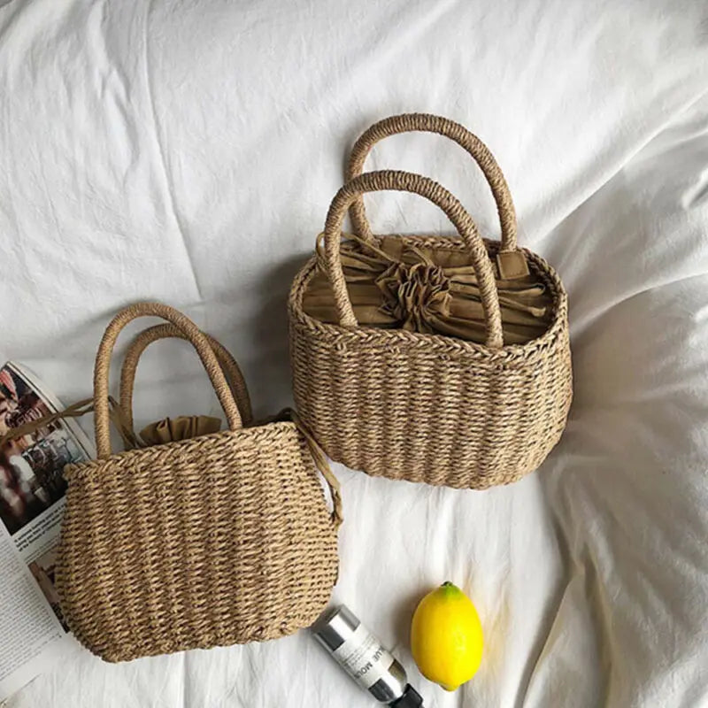 NoEnName-Null Summer Women Hand-Woven Rattan Bag Straw Purse Wicker Beach Wedding Handbag Summer Clutch Basket Shopping Bags