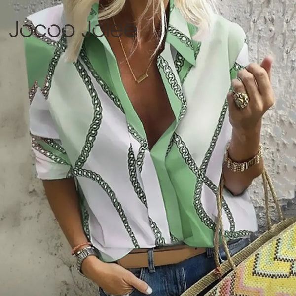 Jocoo Jolee Women Casual Blouse Long Sleeve Chain Shirt Print Office Turn Down Collar Blouse Elegant Work Oversized Tops Tunic