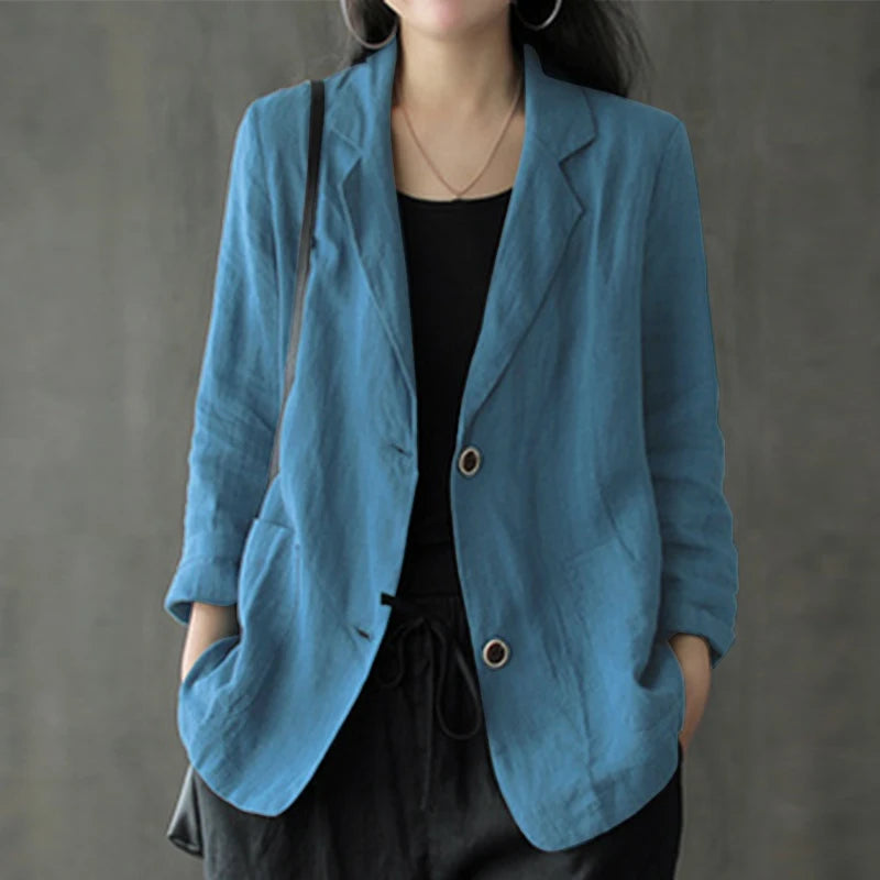 ZANZEA Autumn Vintage Work Blazer Women Lapel Neck Long Sleeve Suits Casual Solid Cotton Blazer Elegant Cardigan Thin Coats 2023