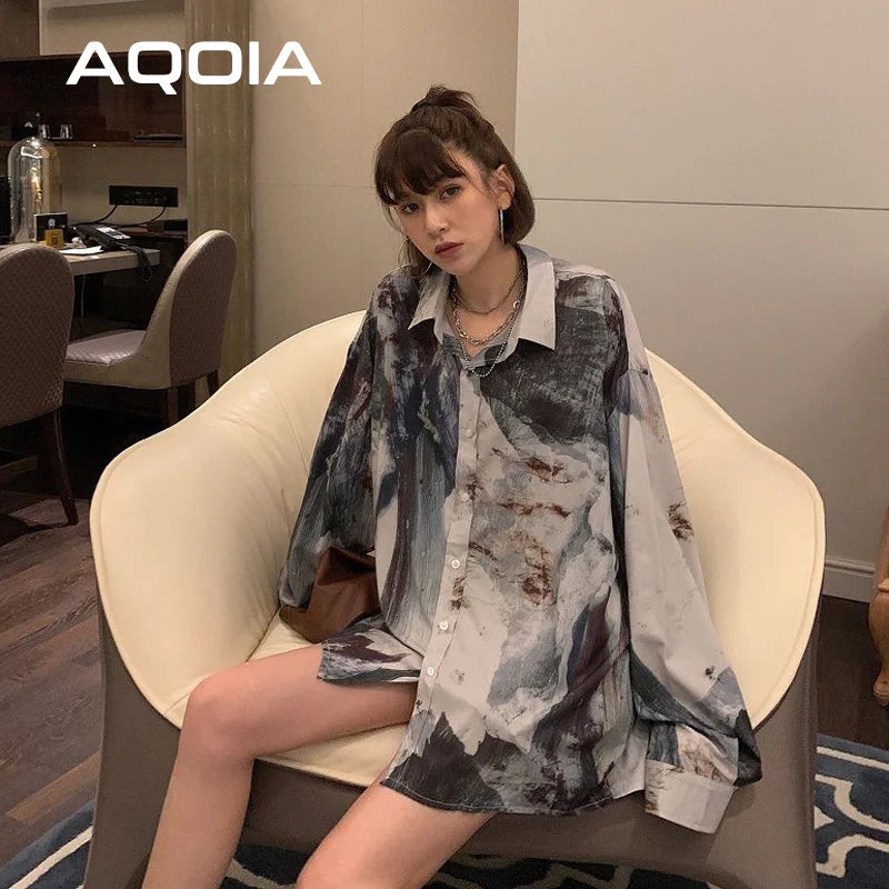 Chic Casual Abstract ink printing Long Sleeve Women Blouse Tunic Shirt Turn-Down Collar Loose 2023 Autumn Oversize Ladies Tops