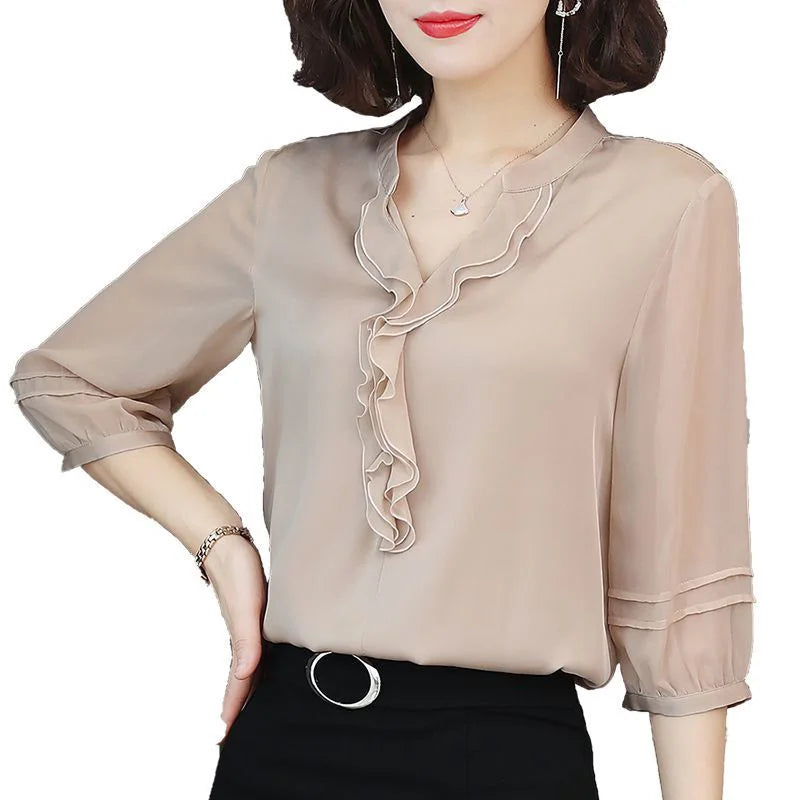 Women Spring Summer Style Chiffon Blouses Shirts Lady Casual Half Lantern Sleeve V-Neck Ruffles Decor Blusas Tops DF3732