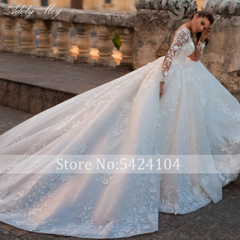 Gorgeous Appliques Long Sleeve Beading Ball Gown Wedding Dress 2024 Romantic Scoop Neck Lace Up Vintage Bridal Gown Customized