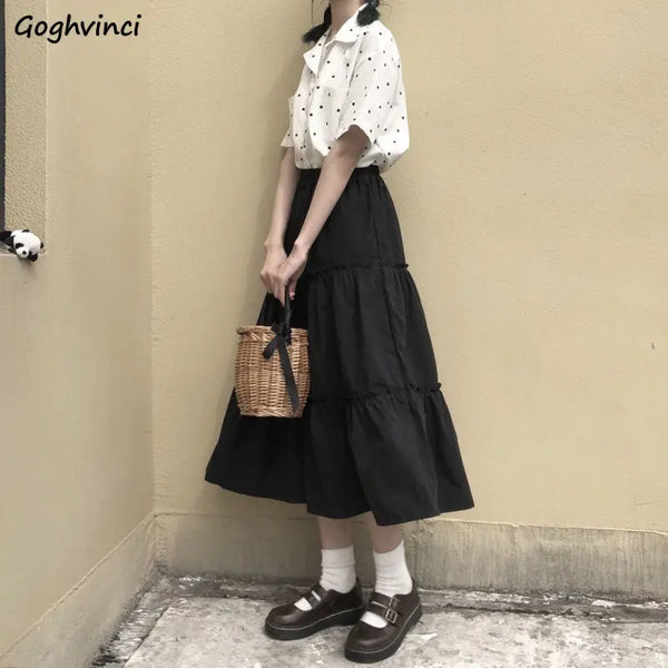 Skirts Women Summer Pleated A-line Loose Solid Ruffles Harajuku Girls Sweet Spring All-match Trendy Elegant Womens Preppy-style