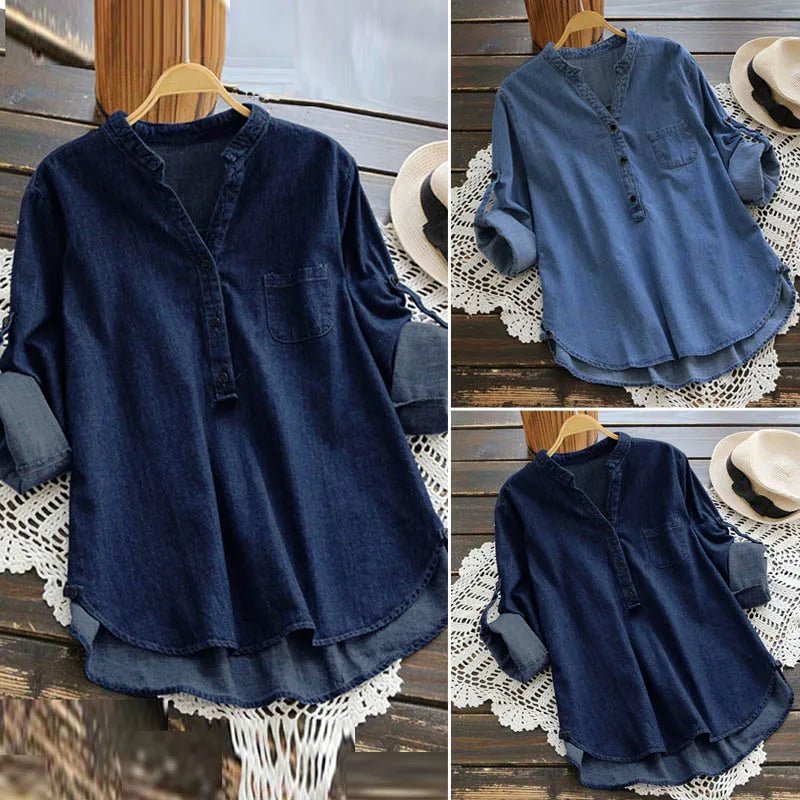 ZANZEA 2023 Women's Denim Blue Shirts Fashion Autumn Blouse Casual Button V Neck Long Sleeve Tops Jean Tunic Blusa Plus Size