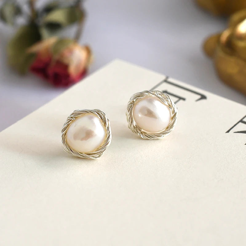 ASHIQI  Handmade Real 925 Sterling Silver Stud Earrings for Women Natural Freshwater Pearl Jewelry Fashion Gift
