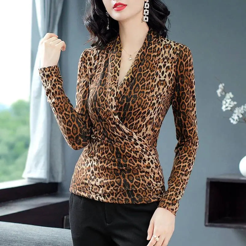 Women's Spring Autumn Style Blouses Shirt Women's Leopard V-Neck Long Sleeve Hollow Out  Sequined Korean Slim Tops DD8775