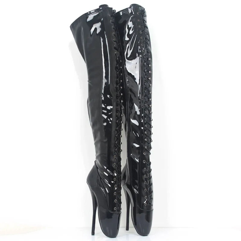 jialuowei Extreme Fetish 18cm/7" high heel Gothic Punk Drag Queen Cross-tied over knee Thigh long ballet boots Plus size 36-46