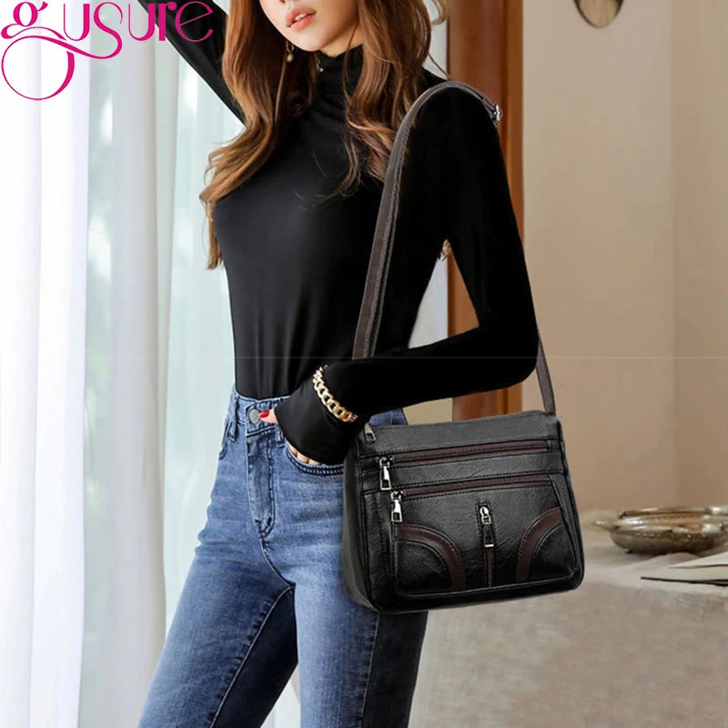 Gusure Casual PU Leather Messenger Bags Women Fashion Large Capacity Travel Shoulder Pouch Female Solid Color Crossbody Handbags