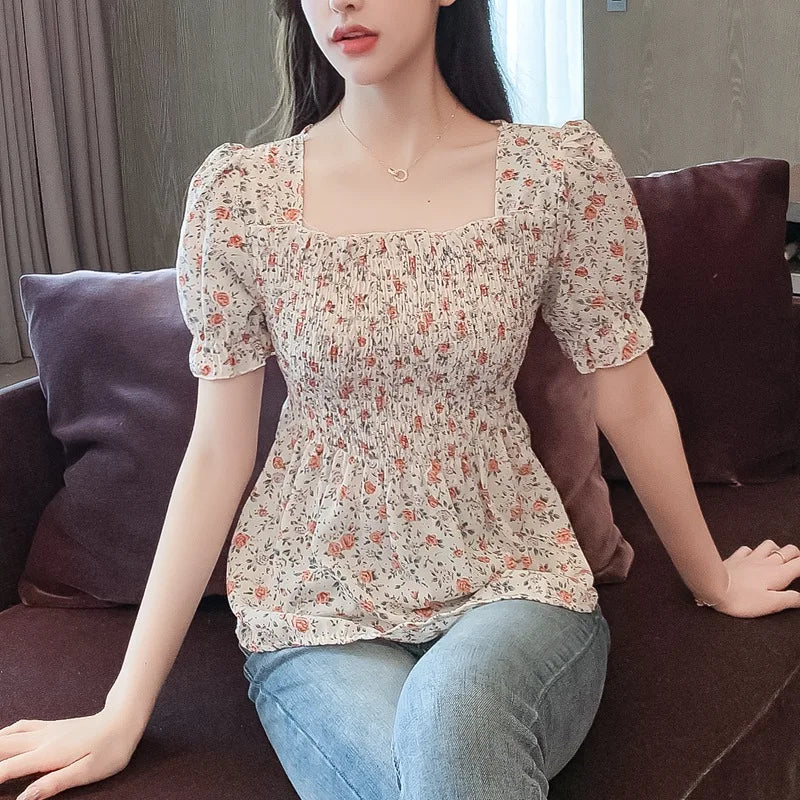 Vintage Summer Chiffon Blouses Womens 2023 Casual Harajuku Floral Printed Blouse Woman Clothes Sexy Korean Tops Camisas Mujer