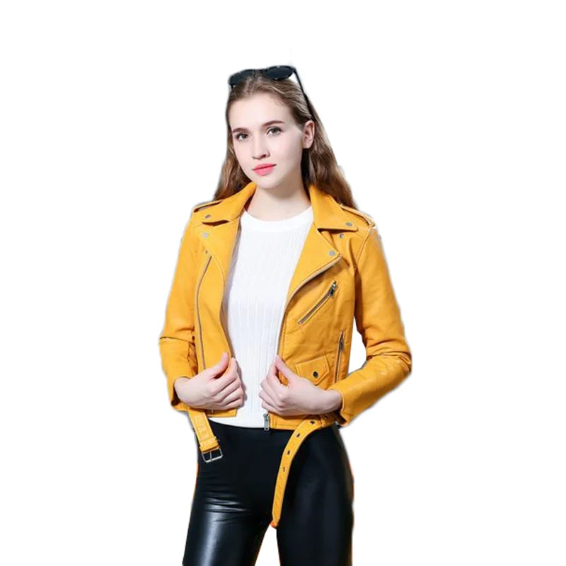 Spring Autumn Motorcycle Leather Jackets Women Short PU Leather Coat Female Soft Faux Leather Biker Jacket Female Yellow Blue 59