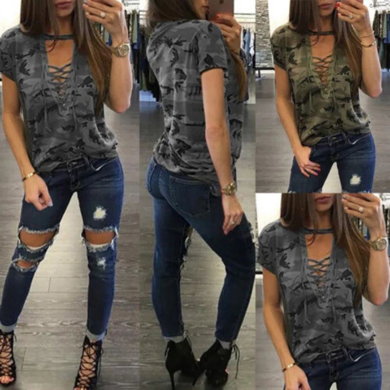 Summer Women Short Sleeve Camouflage Loose Casual Ladies T Shirt Tops Summer Bandage Hollow Out T-Shirt Tops Gray Army Green