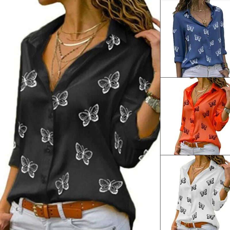 2022 Fashion Butterfly Print Women Blouses Long Sleeve Turn-down Collar Blouse Shirt Casual Tee Tops Elegant Work Shirt