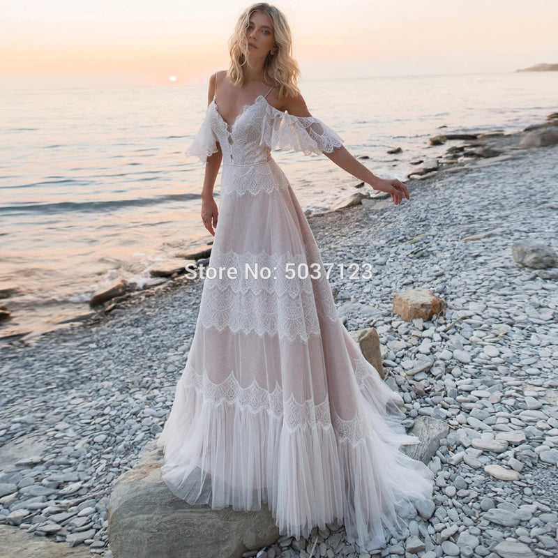 Bohemian Wedding Dresses Tempting Nude Champagne V Neck Chic Sleeves Straps Ruffles Lace A Line Backless Bridal Gowns