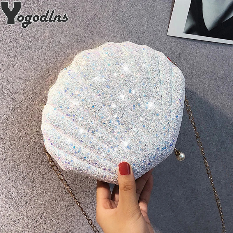 Cute Laser Sequins Small Shell Shoulder Bag Phone Money Pouch Summer Chain Pouch Crossbody Bags for Women Purse