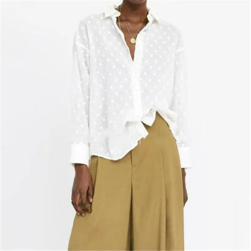 Fashion Womens Shirts Tops Polka Dot Blouses Elegant White OL Shirt Ladies Long Sleeve Streetwear Tops Fall Clothing