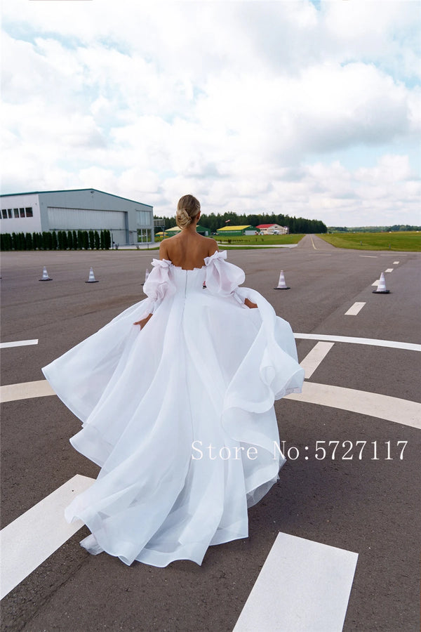 Strapless Ruched Bodice Ball Gowns 2080 Organza Wedding Dress with Detachable Long Sleeves Empire Bridal Gowns