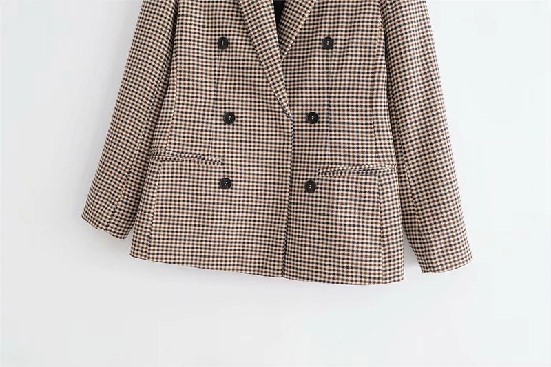 KPYTOMOA Women Fashion Office Wear Double Breasted Check Blazers Coat Vintage Long Sleeve Pockets Female Outerwear Chic Tops