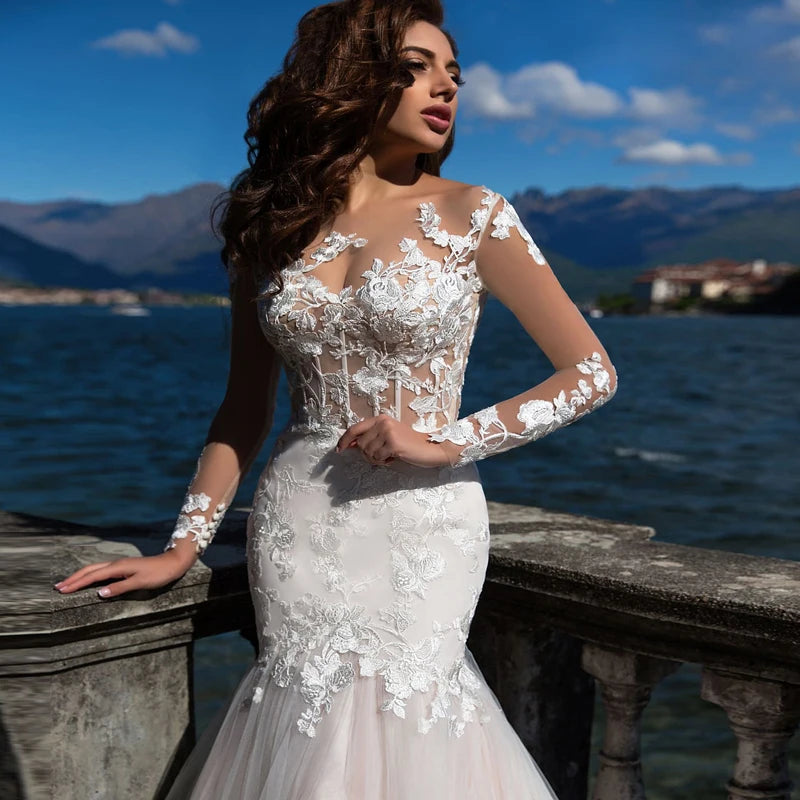 Sexy Illusion Wedding Dresses Mermaid Scoop Long Sleeve Applique Sweep Train Tulle Brial Gown Vestido De Noiva