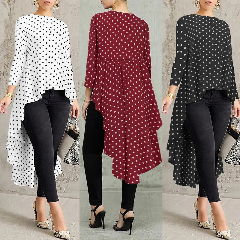 Stylish Printed Asymmetrical Tunic Women's Polka Dot Blouse ZANZEA Spring Long Sleeve Shirts Female Pleated Tops Oversized