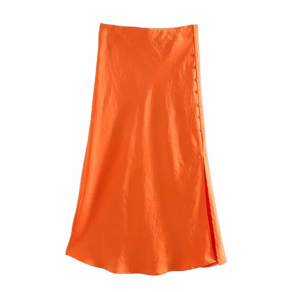 Summer Women Satin Elastic Waist Side Slit A-Line Skirt New Fashion Lady Button Decoration Falda Midi LUJIA ALAN P1597