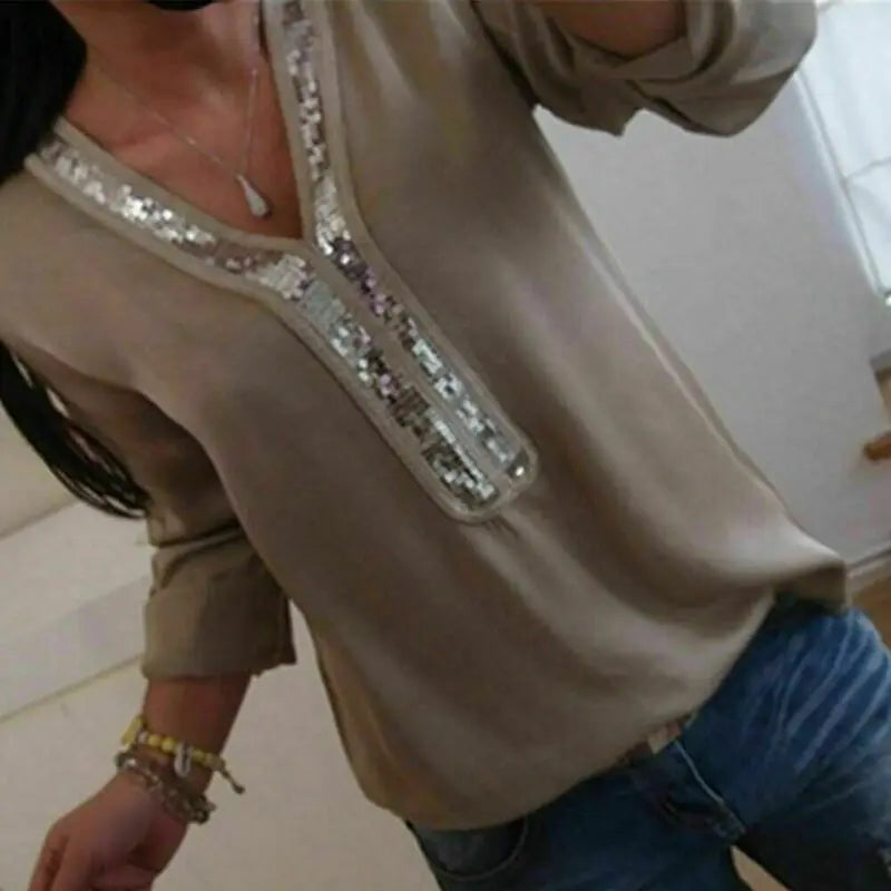 Hirigin Fashion Women Ladies Long Sleeve Loose Blouse Summer V-Neck Casual Shirts Tops Clothing Sequined Casual Soft Clothes