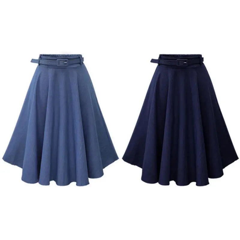 SummerWomen Denim Jeans Skirts A line Casual Skirt High Elastic Waist Streetwear Midi Pleated Female Clothing
