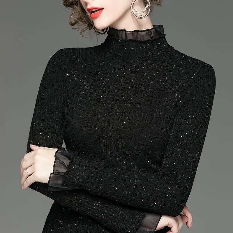 Blouse Women Autumn  Winter Bright Silk Shirt Women's Long-Sleeved Shirt Black Lace Shirt Winter Clothing Blusas Mujer De Moda