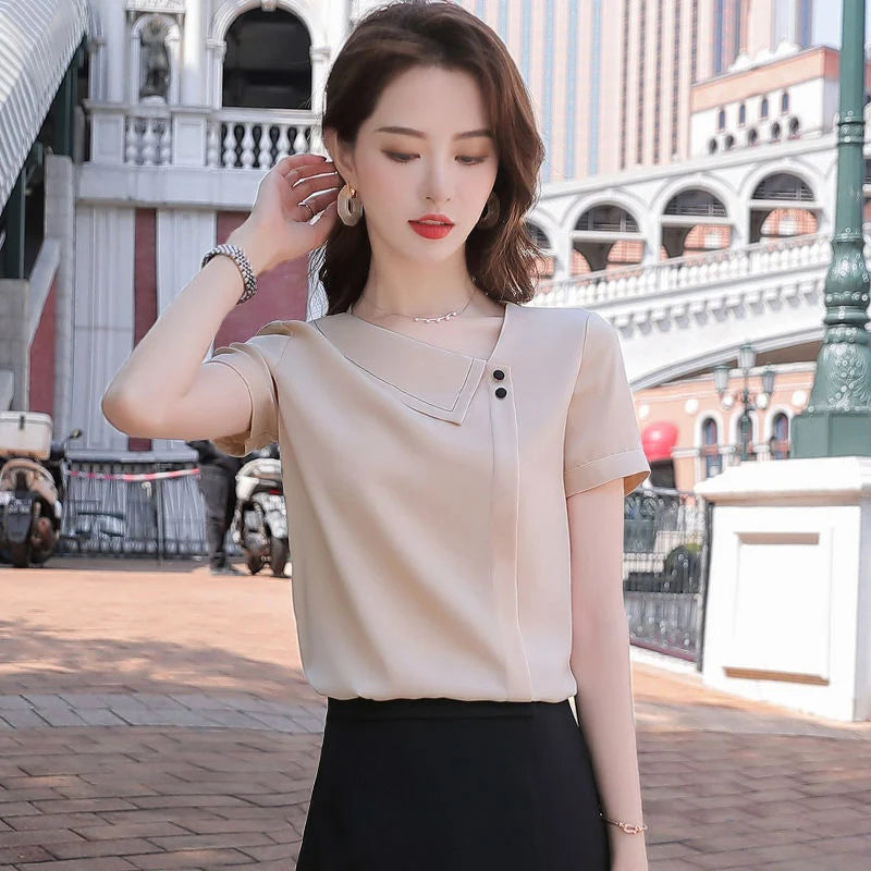 Women Spring Summer Style Chiffon Blouses Shirts Lady Casual Asymmetrical Collar Short Sleeve Chiffon Blusas Tops DF4028