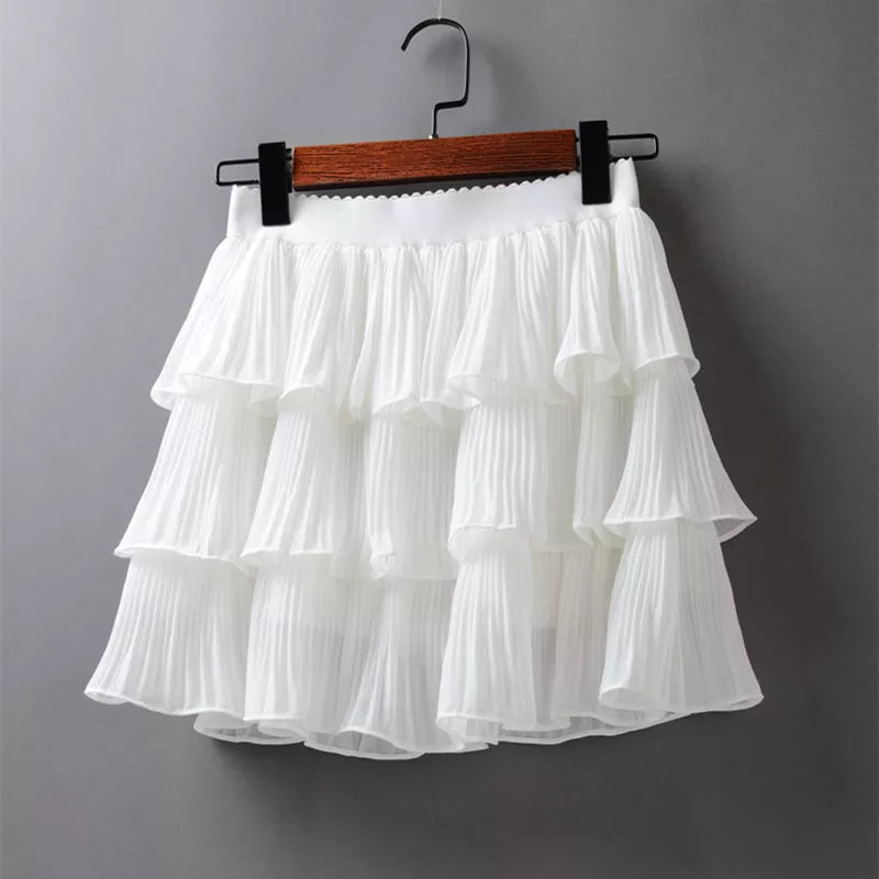Summer Women Elasticity Waist Mini Skirt Ladies Chiffon Skirt Ladies Casual Cake Skirts Black White Femme Pleated Skirts