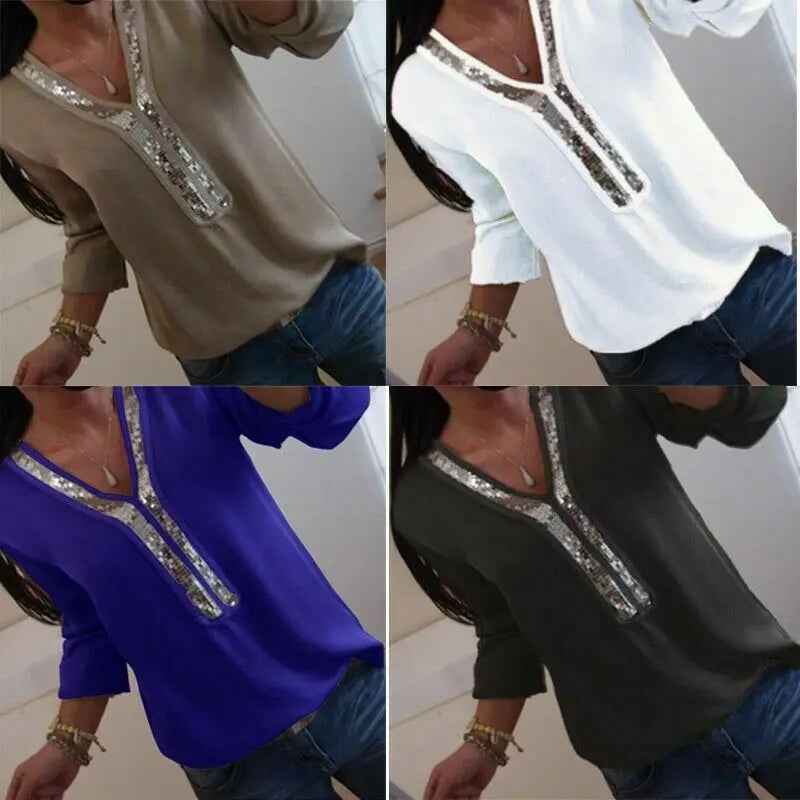 Hirigin Fashion Women Ladies Long Sleeve Loose Blouse Summer V-Neck Casual Shirts Tops Clothing Sequined Casual Soft Clothes