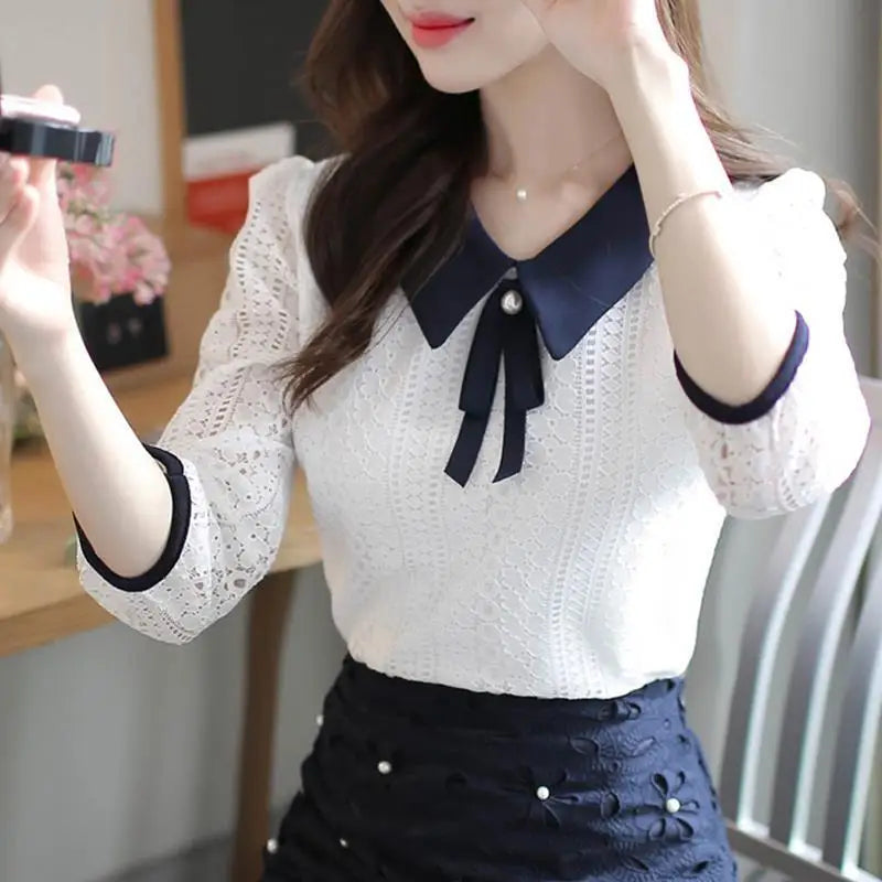 Women's Spring Summer Style Chiffon Blouses Shirt Women's V-neck Bow Patchwork Half Sleeve Elegant Lace Tops SP8676