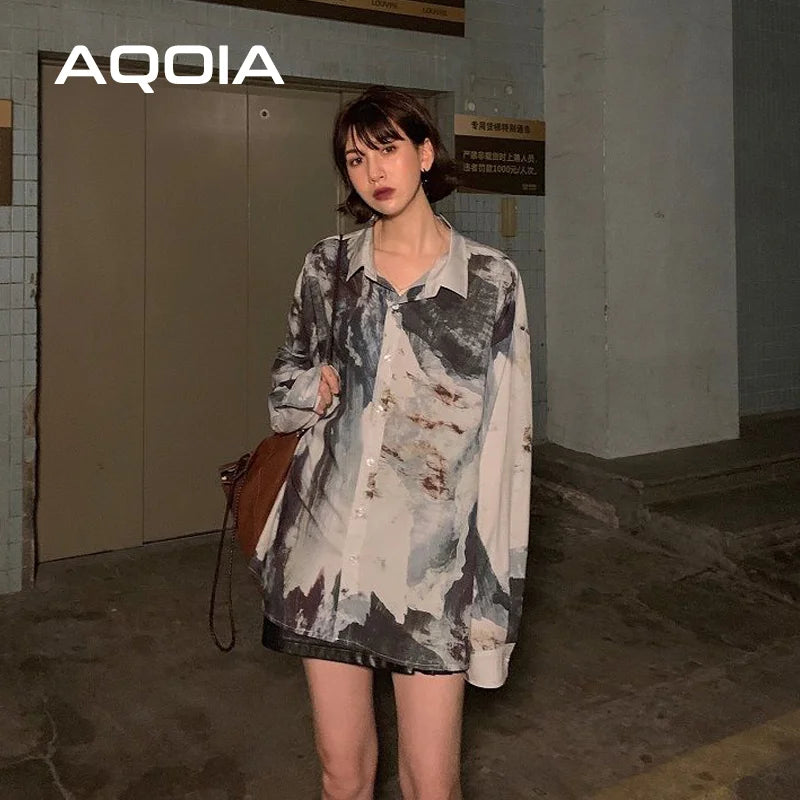 Chic Casual Abstract ink printing Long Sleeve Women Blouse Tunic Shirt Turn-Down Collar Loose 2023 Autumn Oversize Ladies Tops