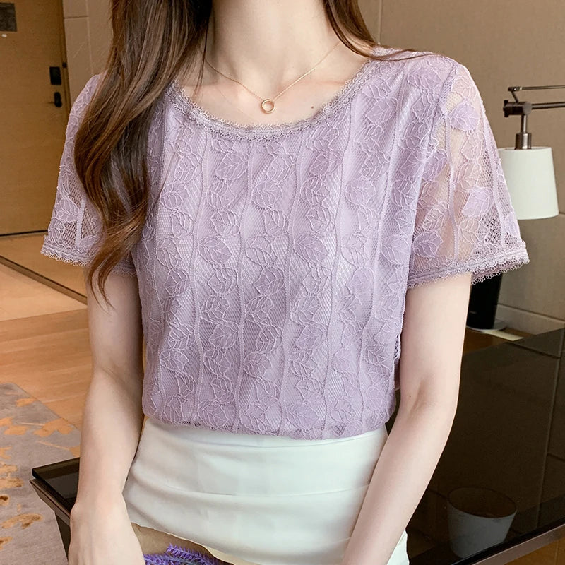 Summer Women Blouse Short Sleeve O-Neck Hollow Lace Blouse Shirt Blouse Women Blusas Mujer De Moda 2023 Blouses Top Femme E953