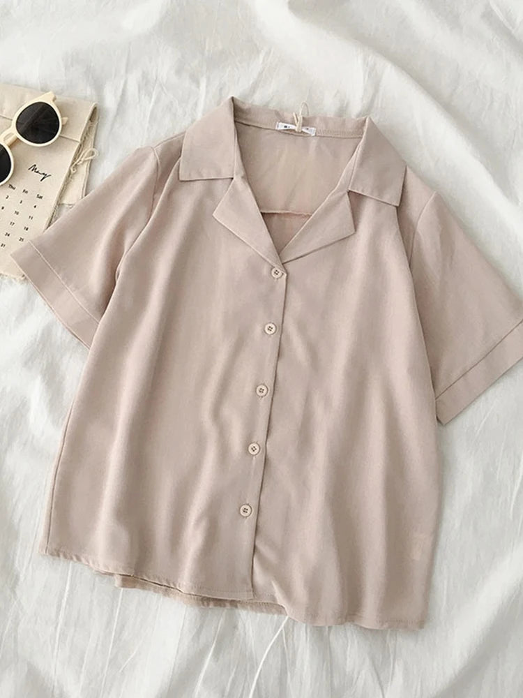 Fashion Notched Collar Chiffon Female T Shirts Single Breasted Short Sleeve Loose Solid-Color Women Blouses Summer