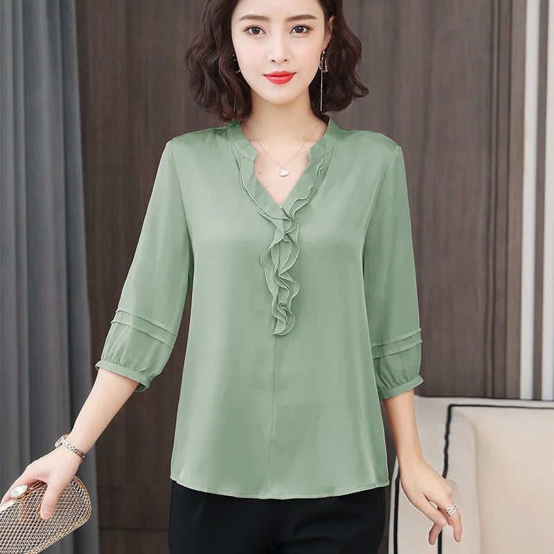 Women Spring Summer Style Chiffon Blouses Shirts Lady Casual Half Lantern Sleeve V-Neck Ruffles Decor Blusas Tops DF3732