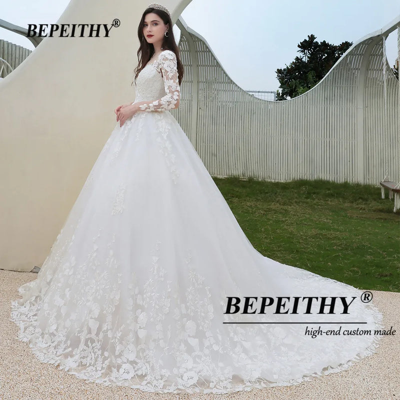 BEPEITHY Lace Romantic Wedding Gowns For Women Long Sleeves France India Bride Princess Bridal Dresses 2022 Vestidos De Novia