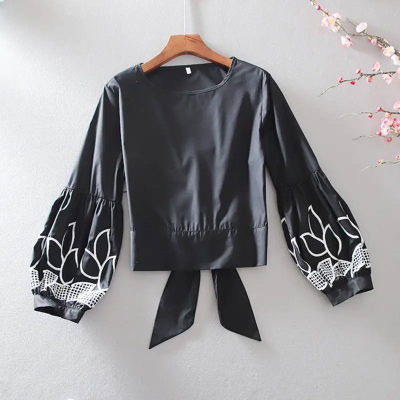 Women's Spring Summer Short Style Blouses Shirts Women's Long Sleeve O-neck Printed Lantern Sleeve Korean Tops SP505