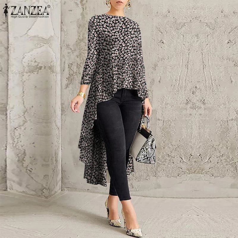 Women Casual Long Sleeve Blusa Irregular Blouse 2023 ZANZEA Elegant Geometric Printed Tops Female O Neck Tunic  Chemise