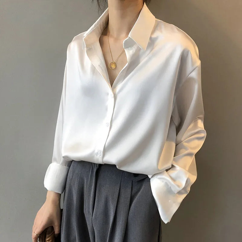 Vintage White Long Sleeve Shirts Tops Ladies Elegant Korean Office Shirt Fashion Button Up Satin Silk Shirt Blouse Women 11355