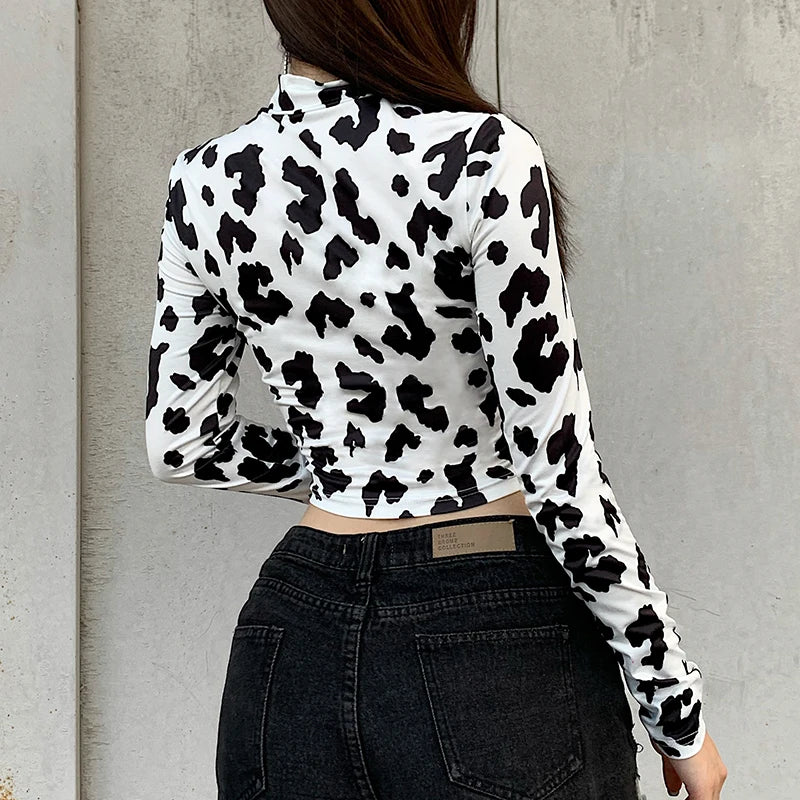 Sexy Women Milk Cow Pattern Print Crop Top Female Long Sleeve Slim Fit Holiday Fashion Casual Short T Shirt Streetwear