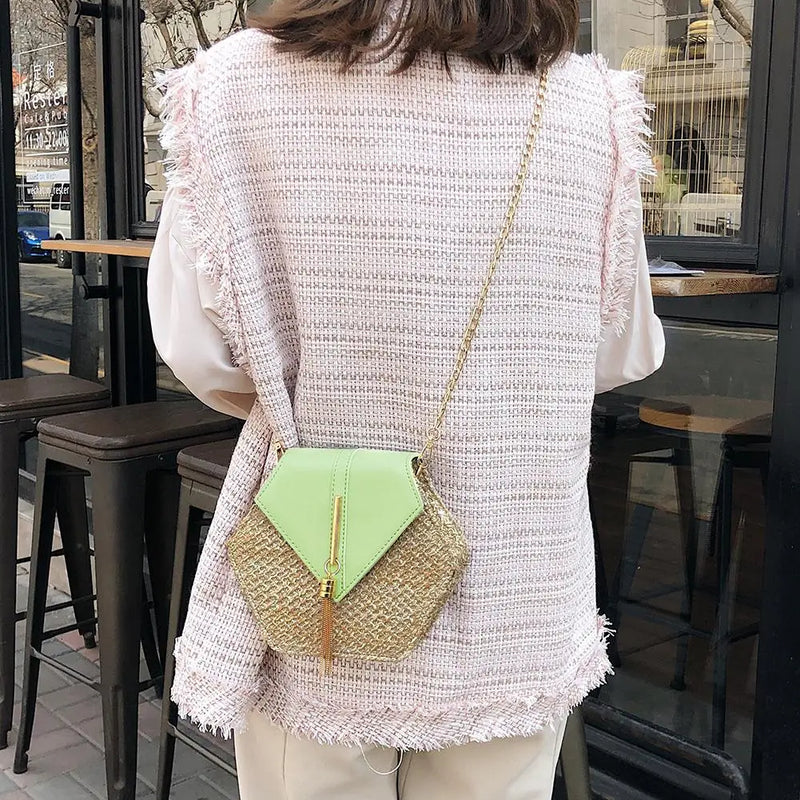 Hot Hexagon New Mulit Style Straw+PU Chain Messenger Bags Women Summer Rattan Handmade Woven Beach Boho Bags bolso feminina