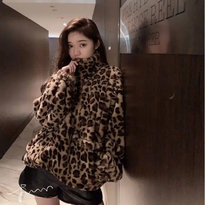 Winter Leopard Print Jacket Women's Stand collar Warm Parkas Outwear 2024 New Autumn Winter Korean Female Loose Faux Fur Coats