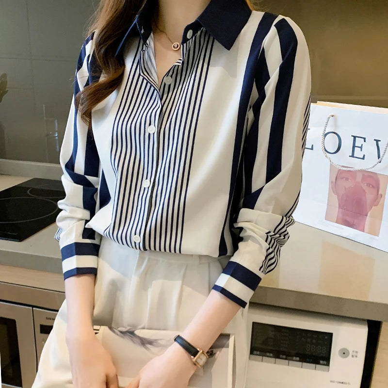 Women's Shirt Blue Striped Blouses for Women Long Sleeve Top Women Button Up Polo Neck Clothes Female 2022 Fashion Leisure Shirt